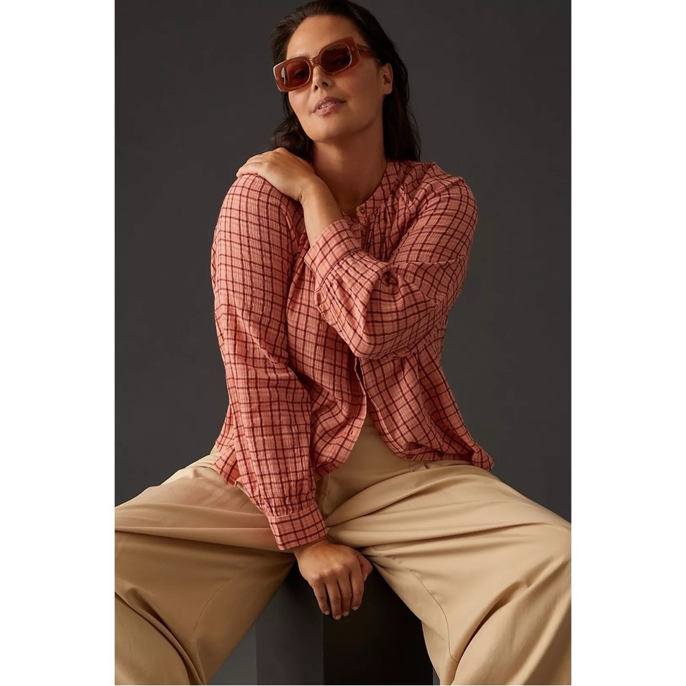 Anthropologie Pilcro Plaid Long Sleeve Button Down‎ Shirt in Orange & Red